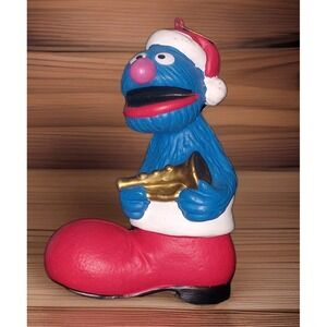 Vintage Sesame Street Grover W Trumpet  in Santa Boot  4" Christmas Ornament